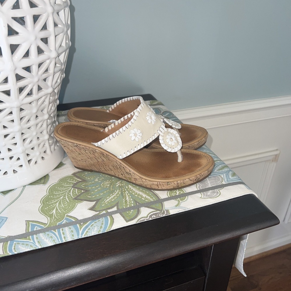Jack Rogers Women Bone White Cork Wedge Sandals Whipstitch Floral Thong Size 6.5